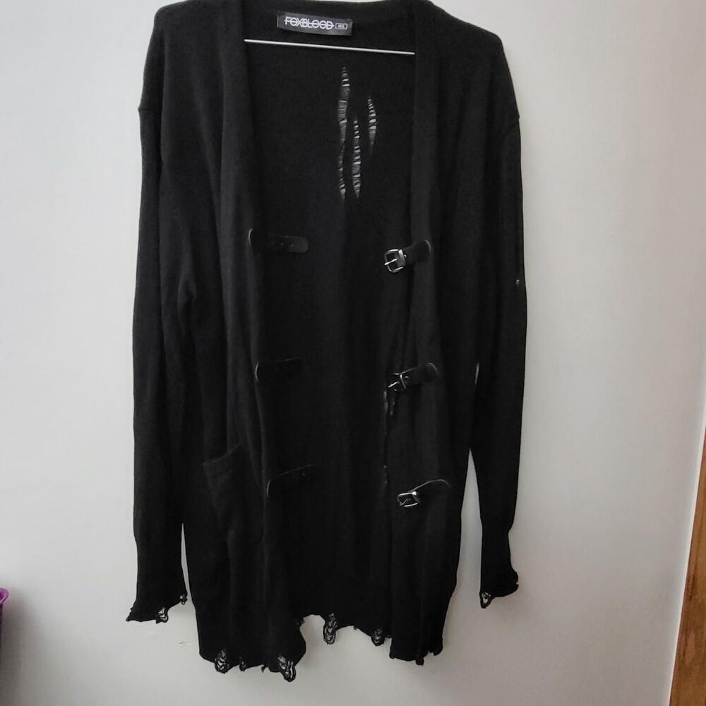 Foxblood black Distressed cardigan with leather straps and buckles, SIZE M/L